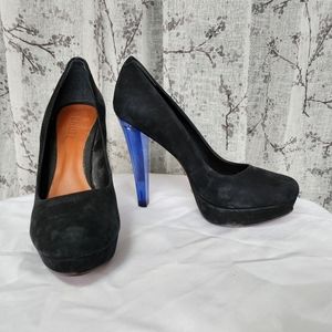 Schutz Black Suede Heels with Blue Acrylic Heel